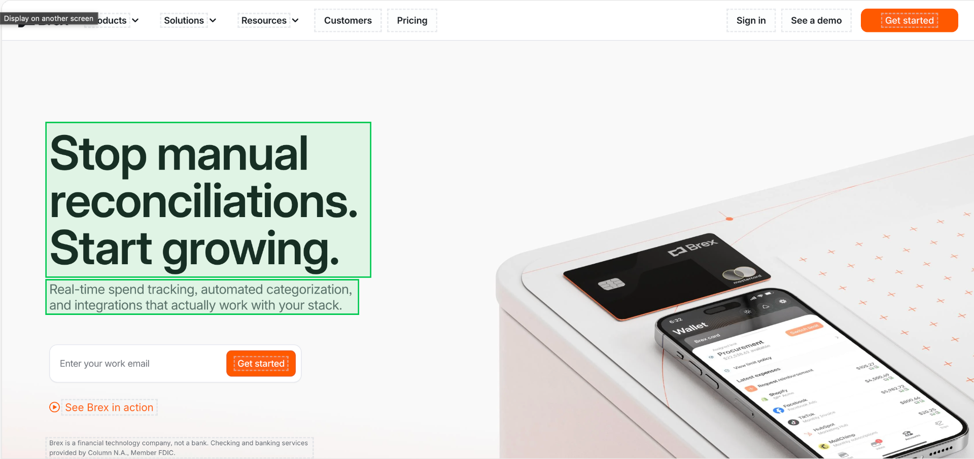 Brex personalized hero with headline 'Stop manual reconciliations. Start growing'