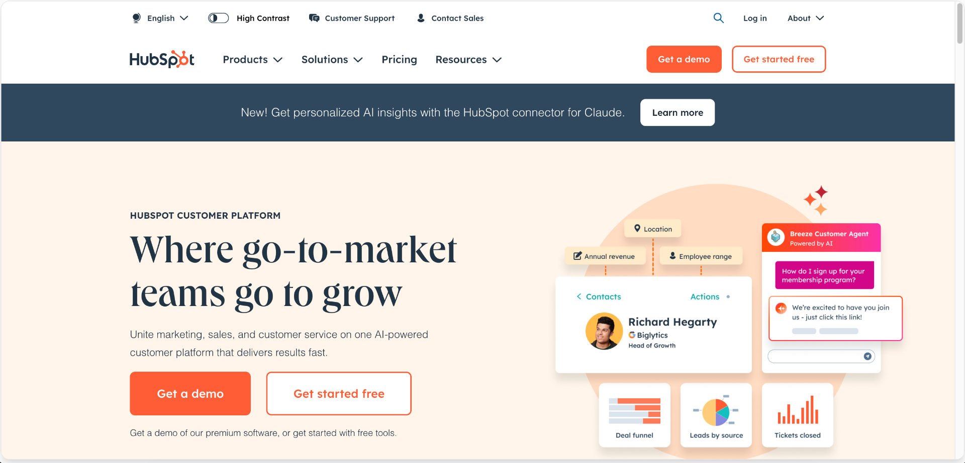Generic HubSpot page with headline 'Where go-to-market teams go to grow'